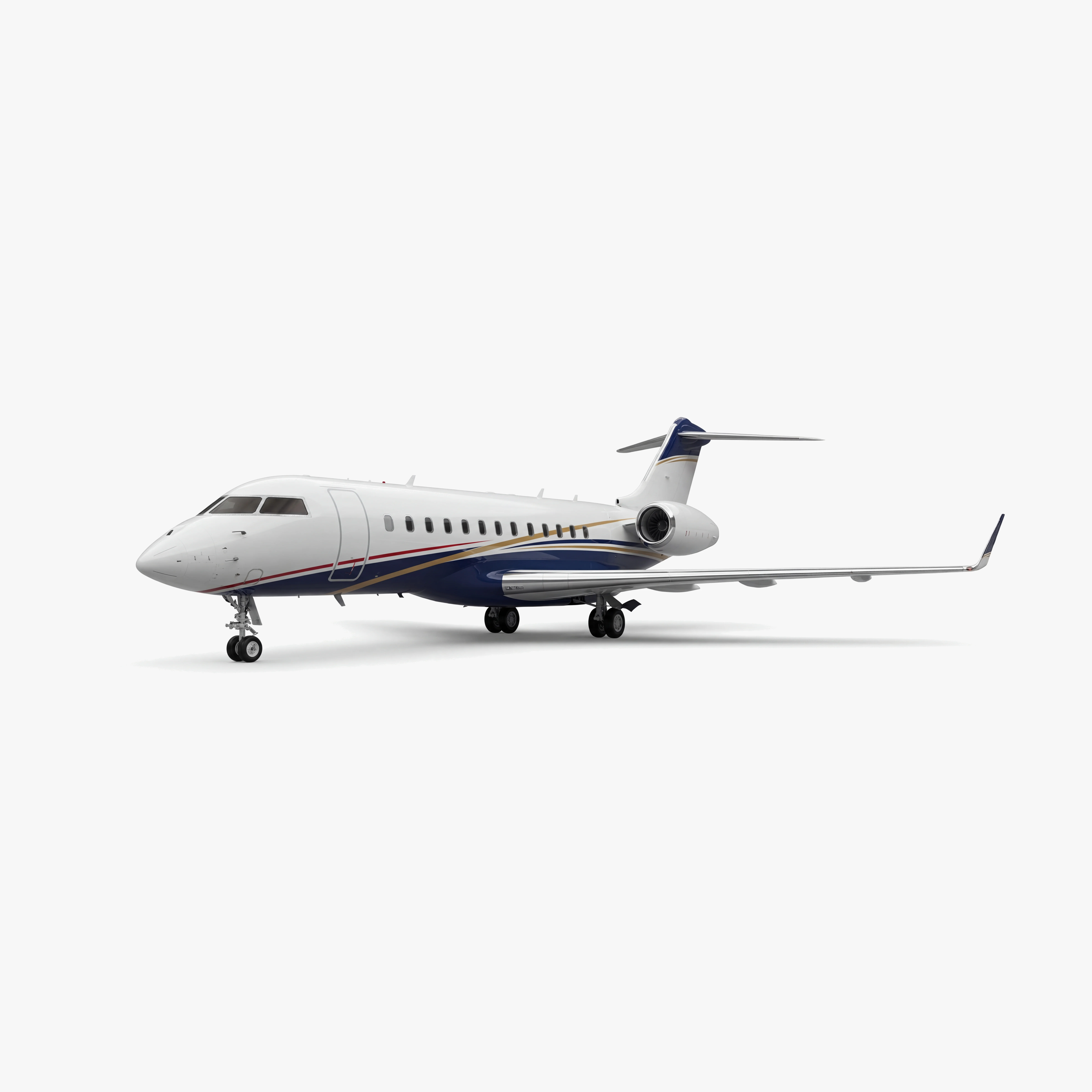 Global 6000 luxury business jet with white fuselage, navy blue and gold accent stripes, T-tail design
