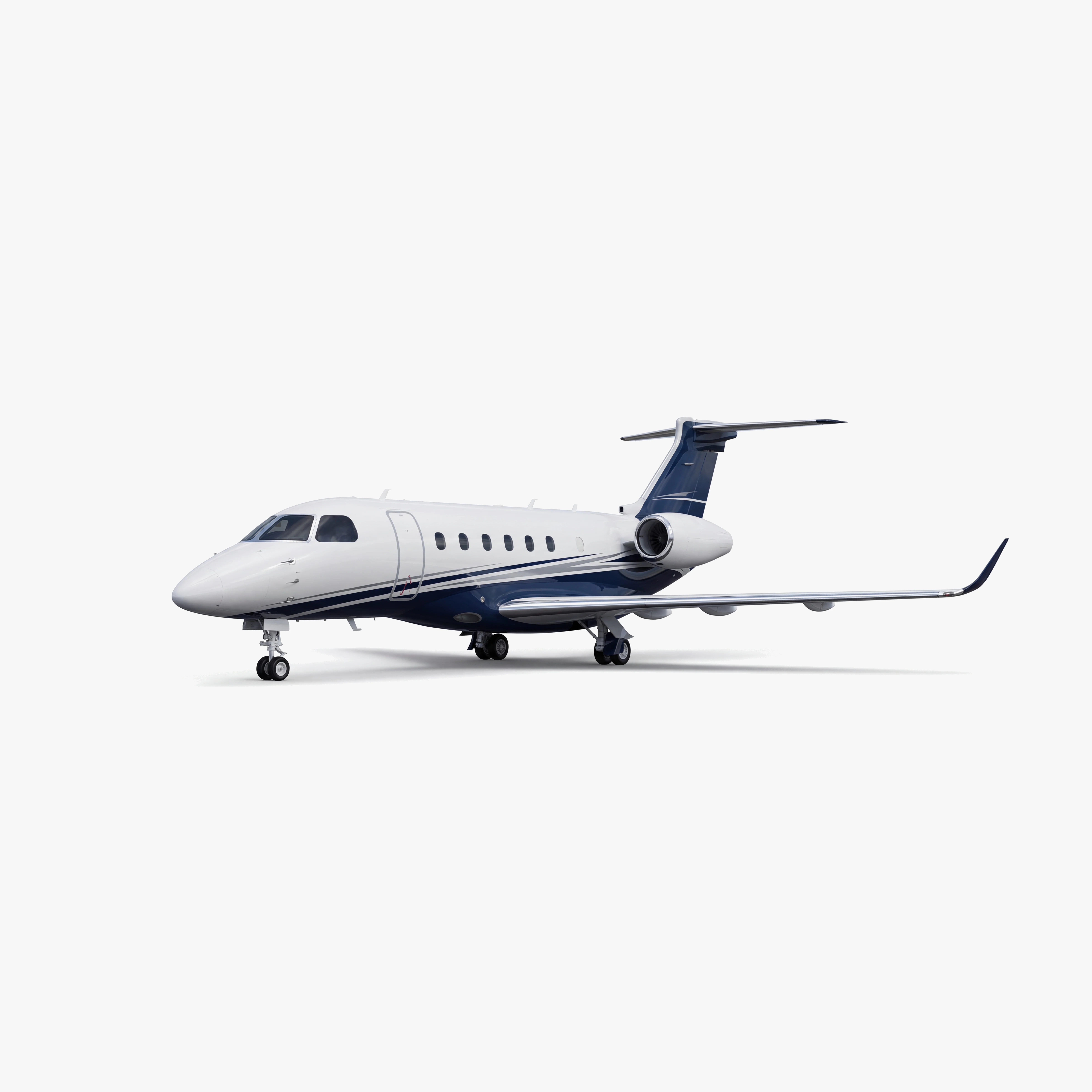 White Praetor 600 mid-size business jet with blue accent stripes on clean studio background