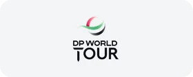 DP World Tour logo featuring green and red curved design elements above black text