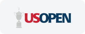 US Open golf championship official logo featuring trophy icon and red and blue text