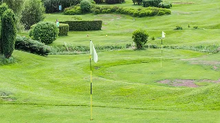 Pristine golf course with manicured greens, flagsticks, and rolling fairways surrounded by lush landscaping