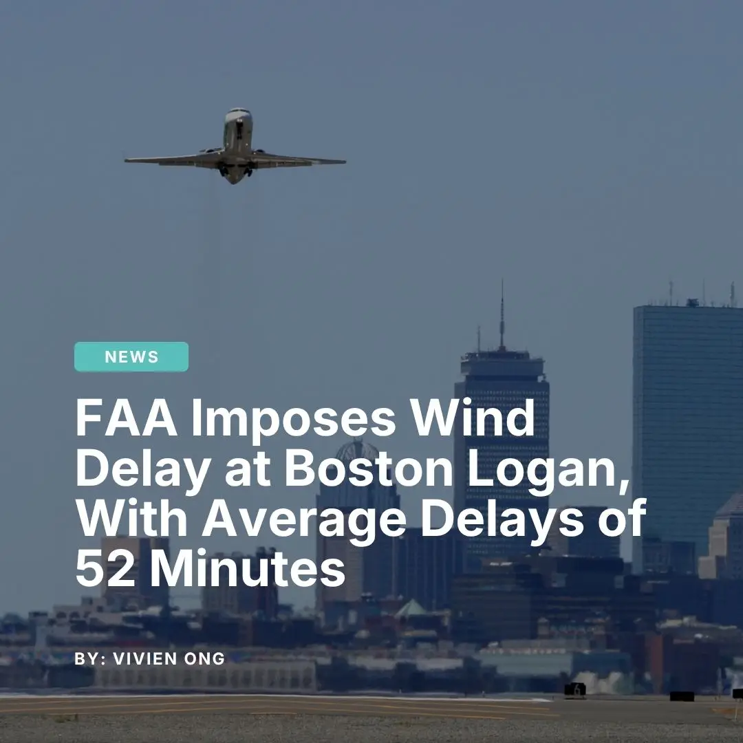 Private jet departing Boston Logan Airport with city skyline in background amid FAA wind-related ground delay advisory